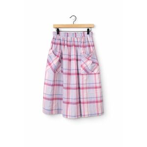 Vintage Handmade Plaid Skirt Pink Blue Cottagecore Elastic Waist Pockets Midi